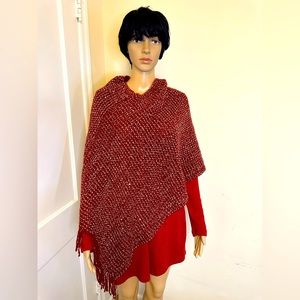New - Lida Collection Dark Red and Silver Fringe Poncho -One Size